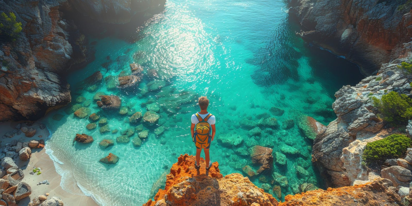 A man standing on a cliff overlooking the azure ocean under a vibrant green sky