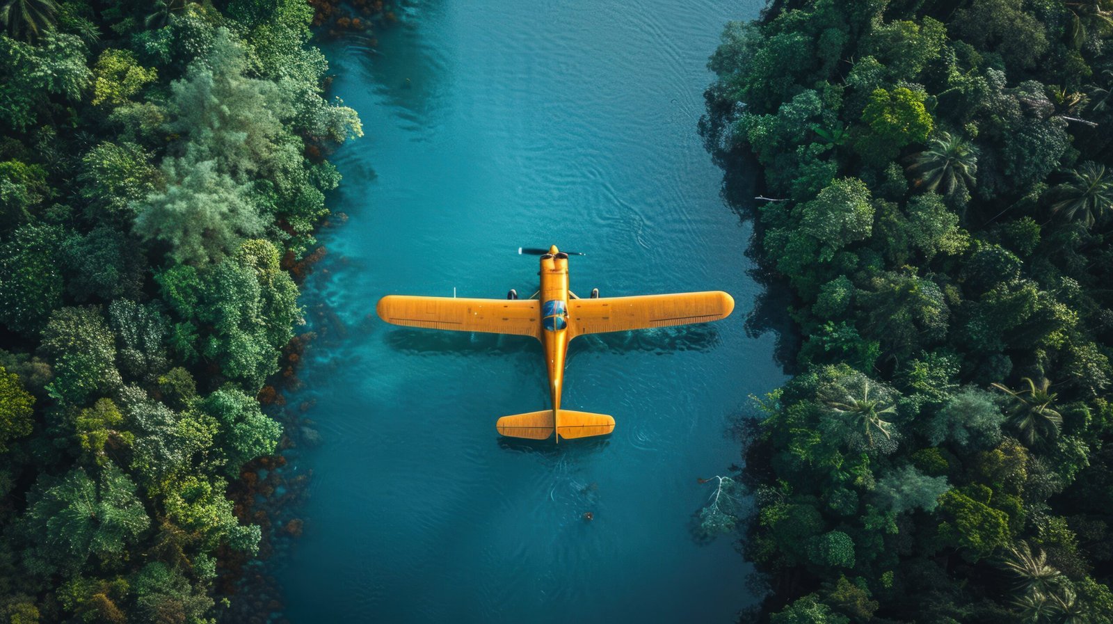 A yellow seaplane floats on a calm body of water surrounded by lush, green trees.