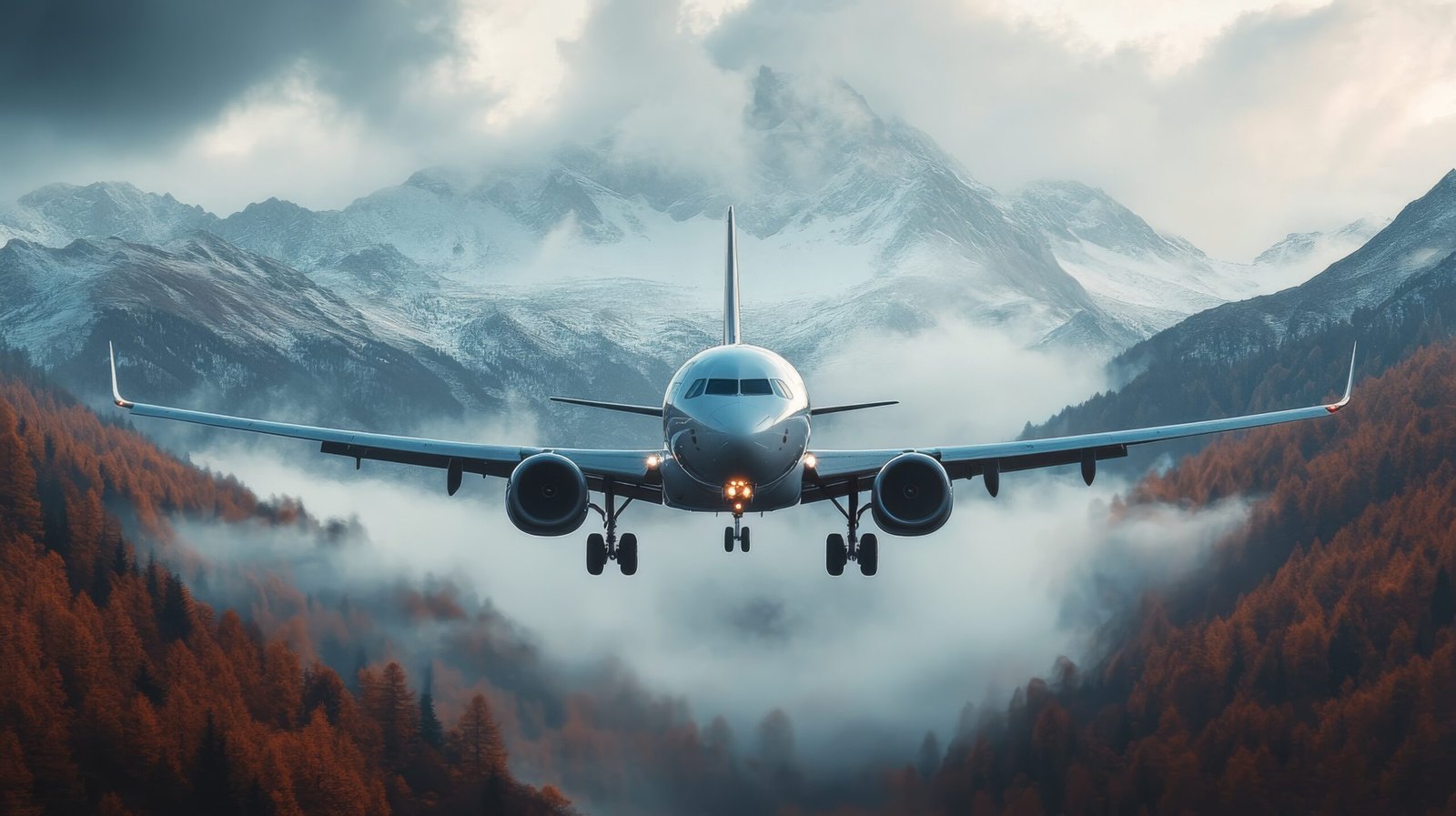 Airplane flying over majestic snow-capped mountains under a cloudy sky during daytime