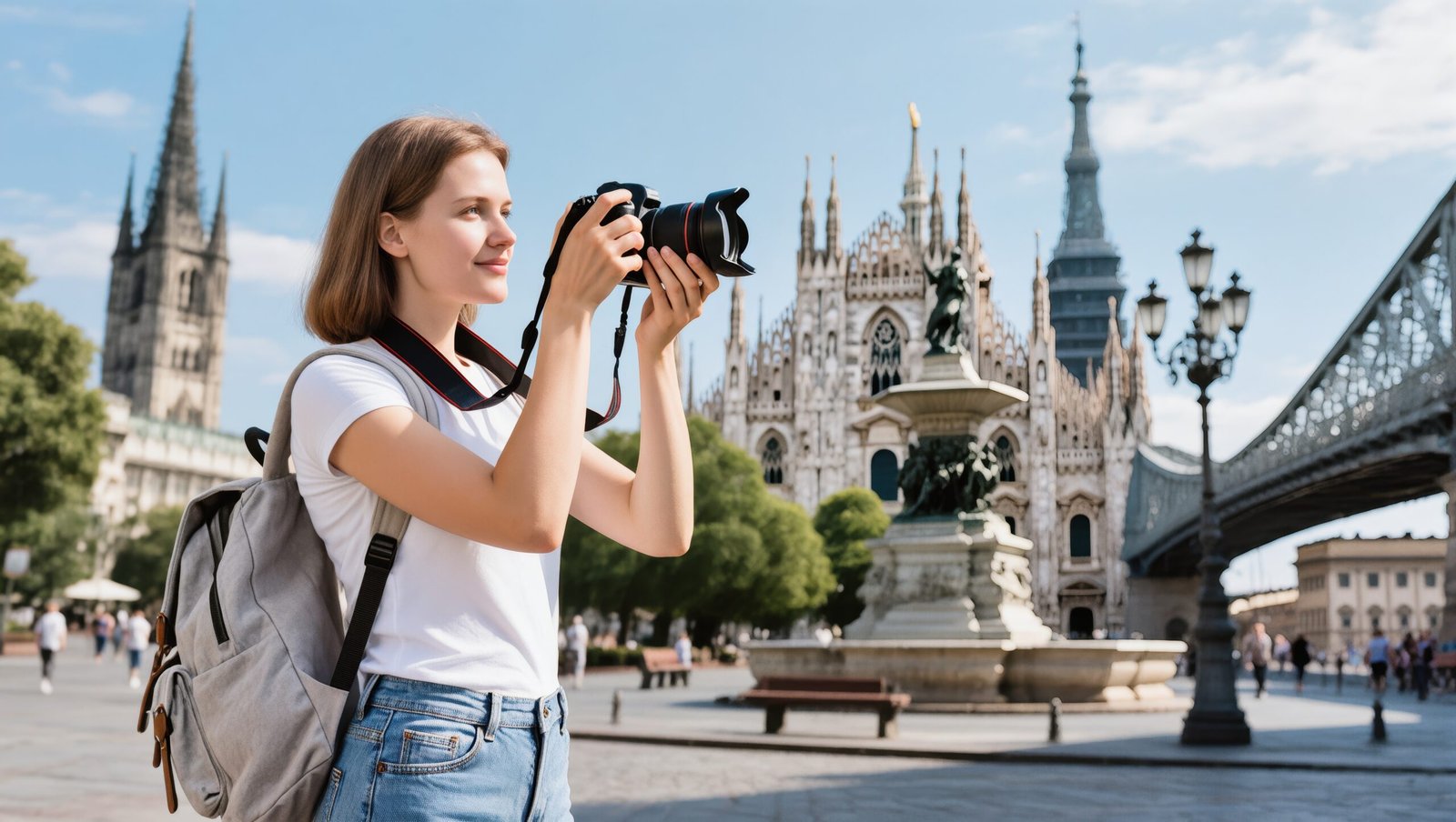 Traveler Captures Beautiful Moments in Front of a Stunning Architecture on a Sunny Day